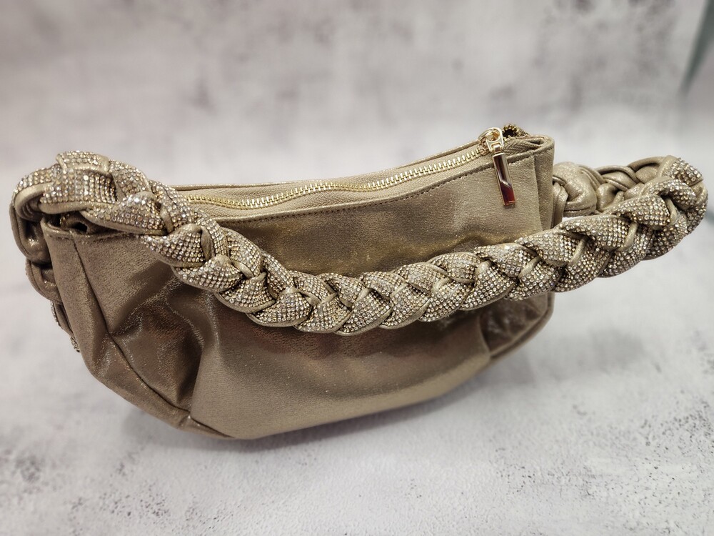 Gold Rhinestone Clutch Purse with Braided Rhinestone Handle Evening Bag